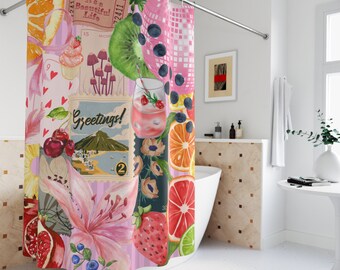 Pink Fruity Coquette Collage Shower Curtain, Spring Themed Shower Curtain, Gift For Her, Girl Gift, Housewarming Gift, Home Decor 71x74 in