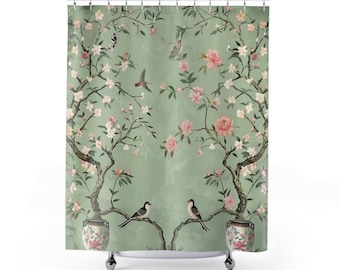 Chinoiserie Duschvorhang | Romantische Kirschblüten-Vogellandschaft | Antikes mintgrünes Blumenmuster | Vintage chinesische Kunst-Badezimmerdekoration