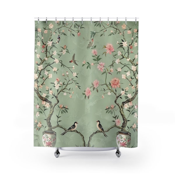 Chinoiserie Shower Curtain | Romantic Cherry Blossom Birds Landscape | Antique Mint Green Floral | Vintage Chinese Art Bathroom Decor