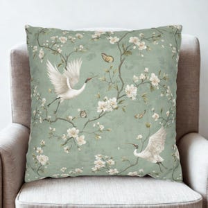 Chinoiserie Crane Throw Pillow Cover, Sage Green Floral Cushion, Vintage Bird Blossom Decor, Oriental Garden Accent Case, Cottagecore