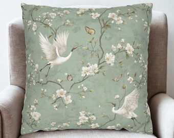 Chinoiserie Crane Throw Pillow Cover, Sage Green Floral Cushion, Vintage Bird Blossom Decor, Oriental Garden Accent Case, Cottagecore