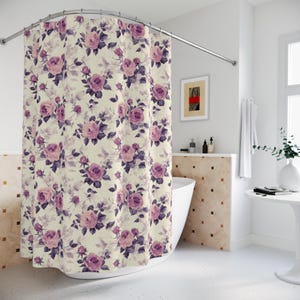 Vintage Rose Floral Shower Curtain | Elegant Boho Purple & Pink Flowers | Romantic Cottagecore Bathroom Decor | Victorian Style Accent