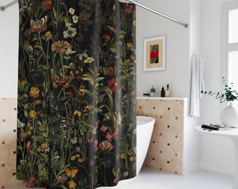 Dark Botanical Wildflower Shower Curtain | Flowers, Butterflies, Leaves | Gothic Floral Home Decor | Unique Nature-Inspired Bathroom | 71x74