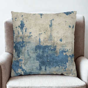 Abstract Blue Throw Pillow Cover, Indigo Watercolor Cushion, Rustic Linen-Look Decor, Modern Farmhouse Accent, Boho Neutral Home