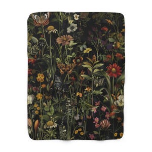 Dark Botanical Wildflower Sherpa Fleece Blanket | Gothic Floral Design | Flowers, Butterflies & Leaves | Cozy Nature-Inspired Home Decor