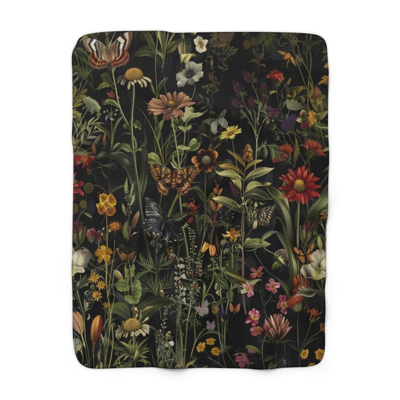 Dark Botanical Wildflower Sherpa Fleece Blanket | Gothic Floral Design | Flowers, Butterflies & Leaves | Cozy Nature-Inspired Home Decor