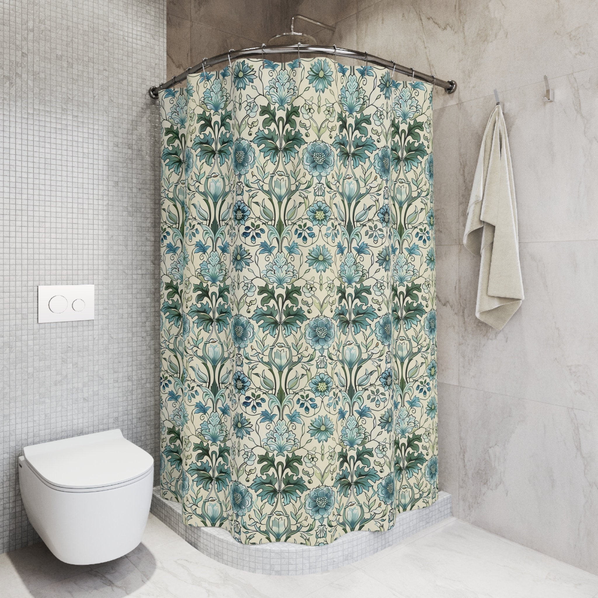 William Morris Inspired Shower Curtain | Blue Green Antique Floral