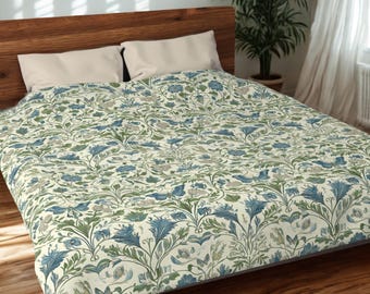 Funda nórdica vintage con estampado floral azul y verde botánico, ropa de cama de estilo victoriano, inspirada en William Morris, elegante juego de cama de microfibra, estilo antiguo.