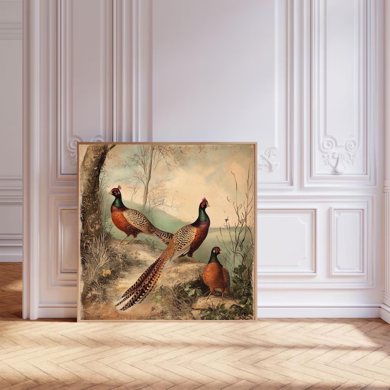 Vintage Pheasant Wildlife Hunter Cabin Decor Print, Fall Accent, Rustic Farmhouse Style, Pheasant Art, Matte Wall Art