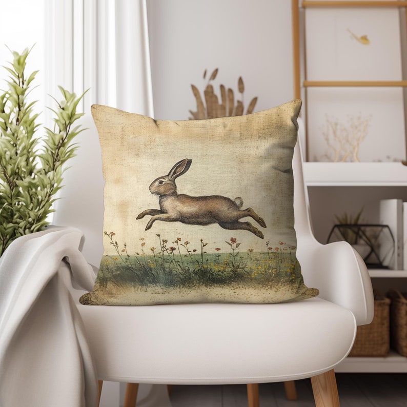 Vintage Leaping Bunny Pillow Cover | Spring Easter Decor |Rustic Rabbit Design |Cottagecore Vintage Farmhouse |Nostalgic Bunny Accent Pillow