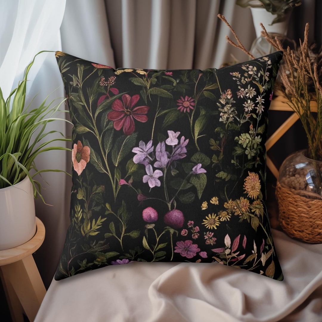 Dark Academia Cottagecore Black Throw Pillow Vintage Apothecary Herbs ...