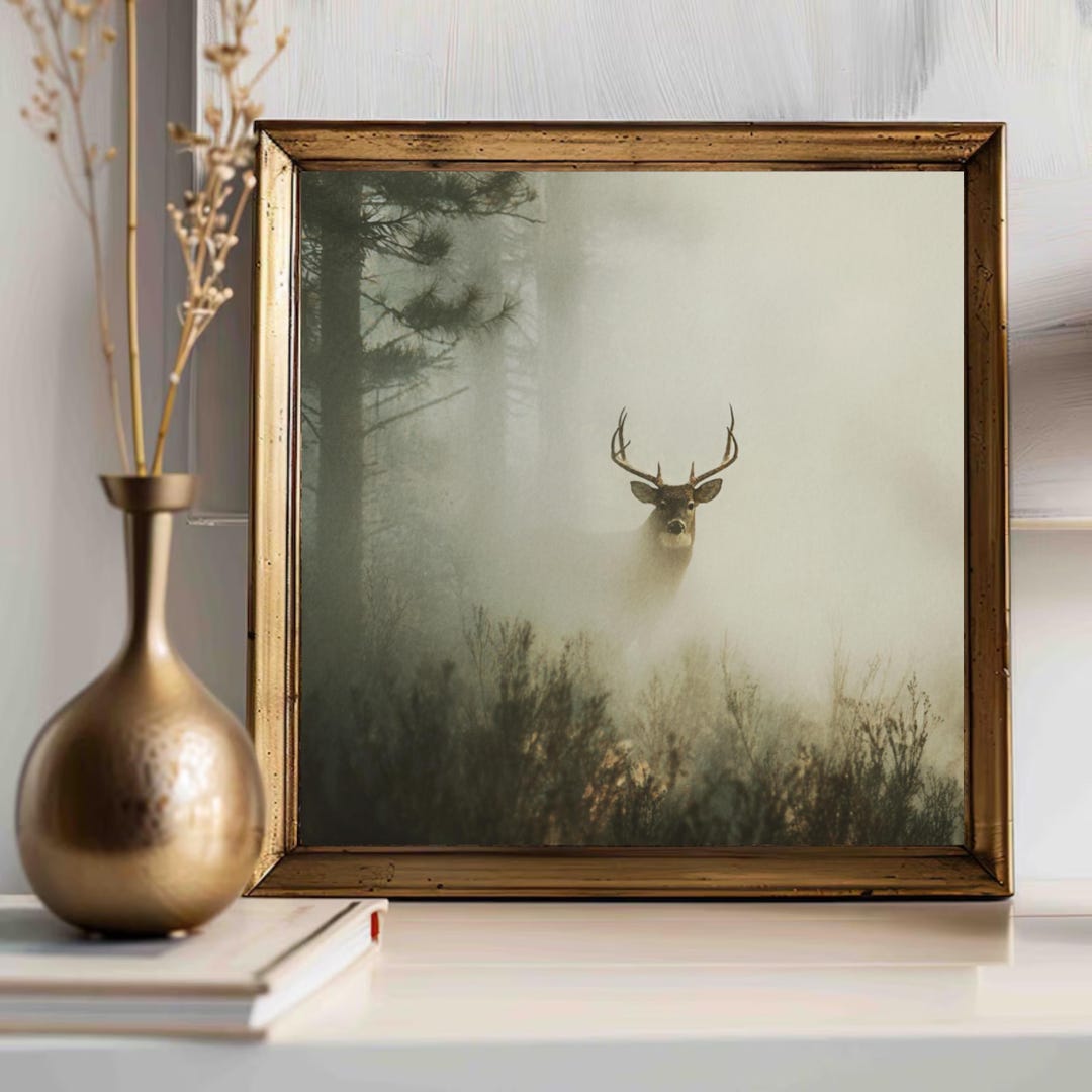 Vintage Buck Deer Art Print, Moody Misty Forest Painting, Rustic Cabin ...