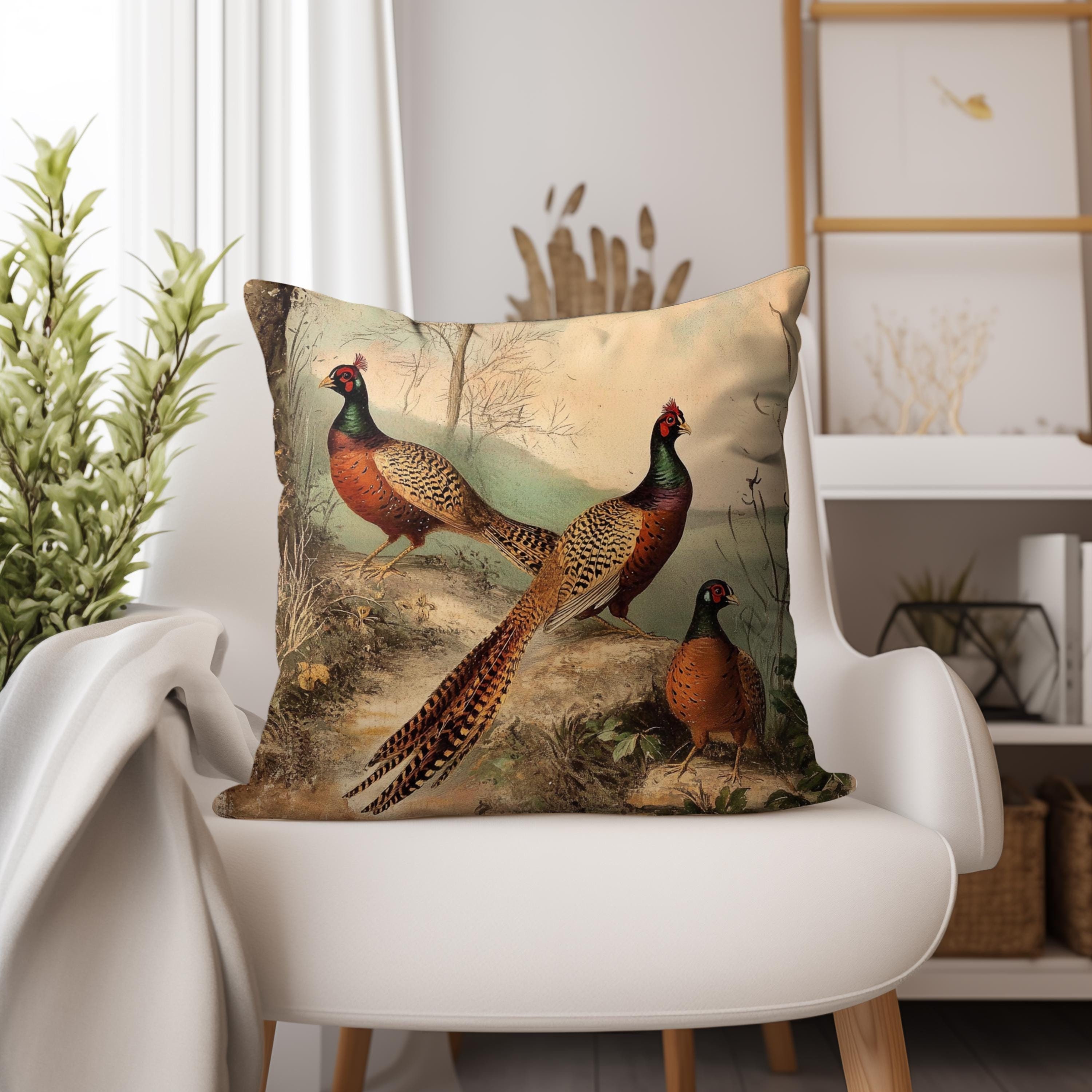 Vintage Pheasant Throw Pillow Cover - Wildlife Hunter Cabin Decor, Fall Accent Pillow, Rustic Farmhouse Style, Pheasant Art,Couch, Sofa, Bed