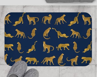 Tapis de bain léopard bleu rétro | Tapis de bain bohème vintage | Chat exotique de la jungle jaguar | Décoration maximaliste colorée des années 60 et 70 | Appartement en dortoir