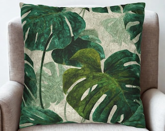 Monstera Leaf Throw Pillow Cover, Tropical Botanical Cushion, Green Jungle Plant Decor, Vintage Style Nature Accent, Boho Home Case