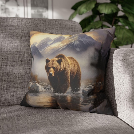 Grizzly Bear Throw Pillow Cover, Rustic Wildlife Decor, Mountain