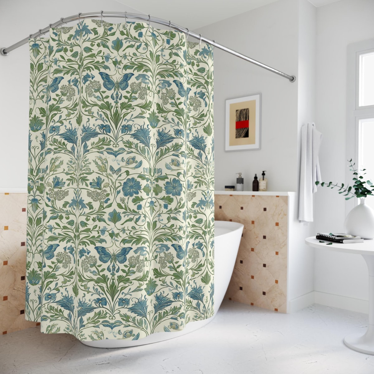 Shower Curtain | Blue Green Antique Floral Butterflies | Vintage Botanical Bathroom Decor | Elegant Victorian Style - Etsy