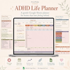 Puede incluir: Un planificador de vida digital para TDAH en la pantalla de una computadora portátil, con un horario semanal, menú de tareas, planificador de proyectos y rastreador de equilibrio de vida. Interfaz con paleta de colores suaves y secciones.