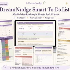 DreamNudge Smart To-Do List, ADHD-Friendly Google Sheets Planner, Digital Task Tracker with Dream Calendar and One-Task Nudge Tool