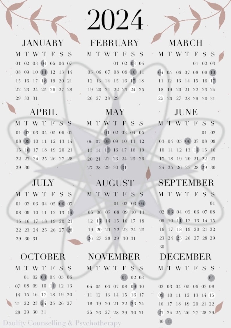 2024 Yearly Moon Phase Calendar Southern Hemisphere A4 Etsy