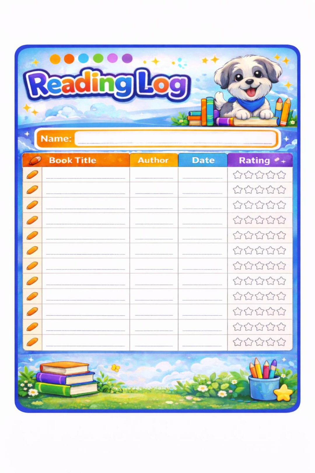 Charley Dog Kids Reading Log Printable | Fun Reading Chart for Kids ...