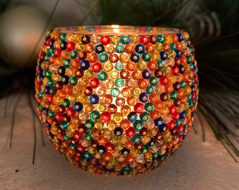 Colorful Glass Tea Candle Holder Czech Seed Beads Handmade for Home Decor