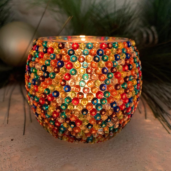 Colorful Glass Tea Candle Holder Czech Seed Beads Handmade for Home Decor