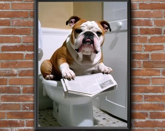 English Bulldog  on toilet reading the newspaper bathroom  funny A4 art print