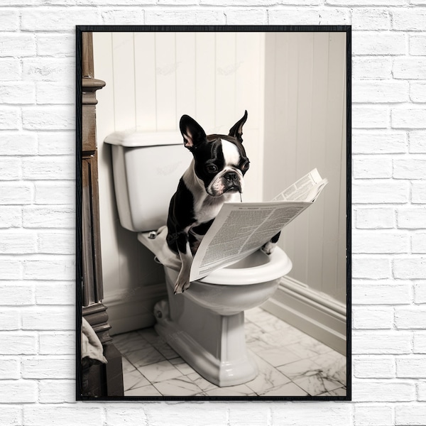 Boston Terrier on toilet reading the newspaper bathroom  funny A4 art print