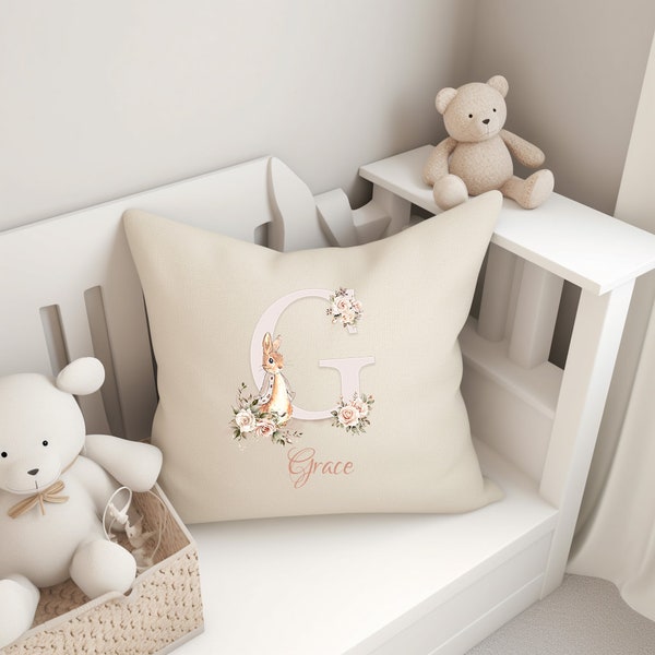 Personalised Peter Rabbit Cushion cover - linen nursery cushion - girls custom gift