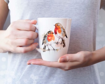 Robin Watercolor Latte Mug: Whimsical Bird Art Coffee Cup