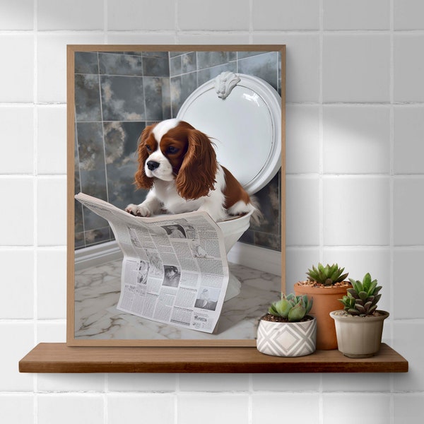 Cavalier King Charles de Blenheim sur les toilettes en train de lire le journal, impression d'art A4 amusante dans la salle de bain