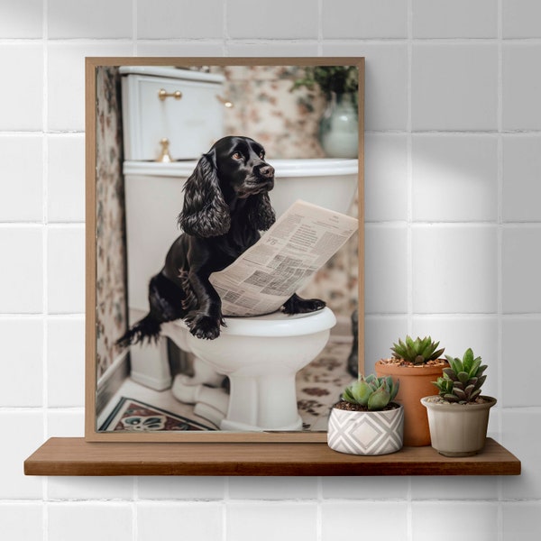 Cocker spaniel  on toilet reading the newspaper bathroom  funny A4 art print