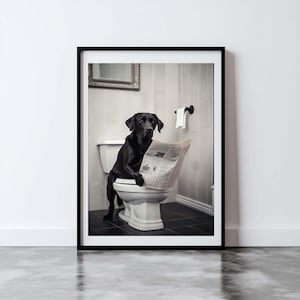 Black Labrador on Toilet Reading the Newspaper Bathroom Funny A4 Art ...