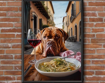Italian inspired Dogue de Bordeaux eating spaghetti funny A4 art print, Kitchen poster