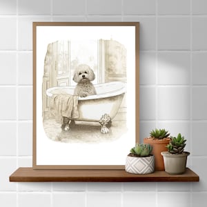 Bichon Frisé  in bath, bathroom wall art, watercolour sketch A4 art print