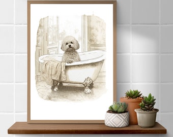 Bichon Frisé  in bath, bathroom wall art, watercolour sketch A4 art print