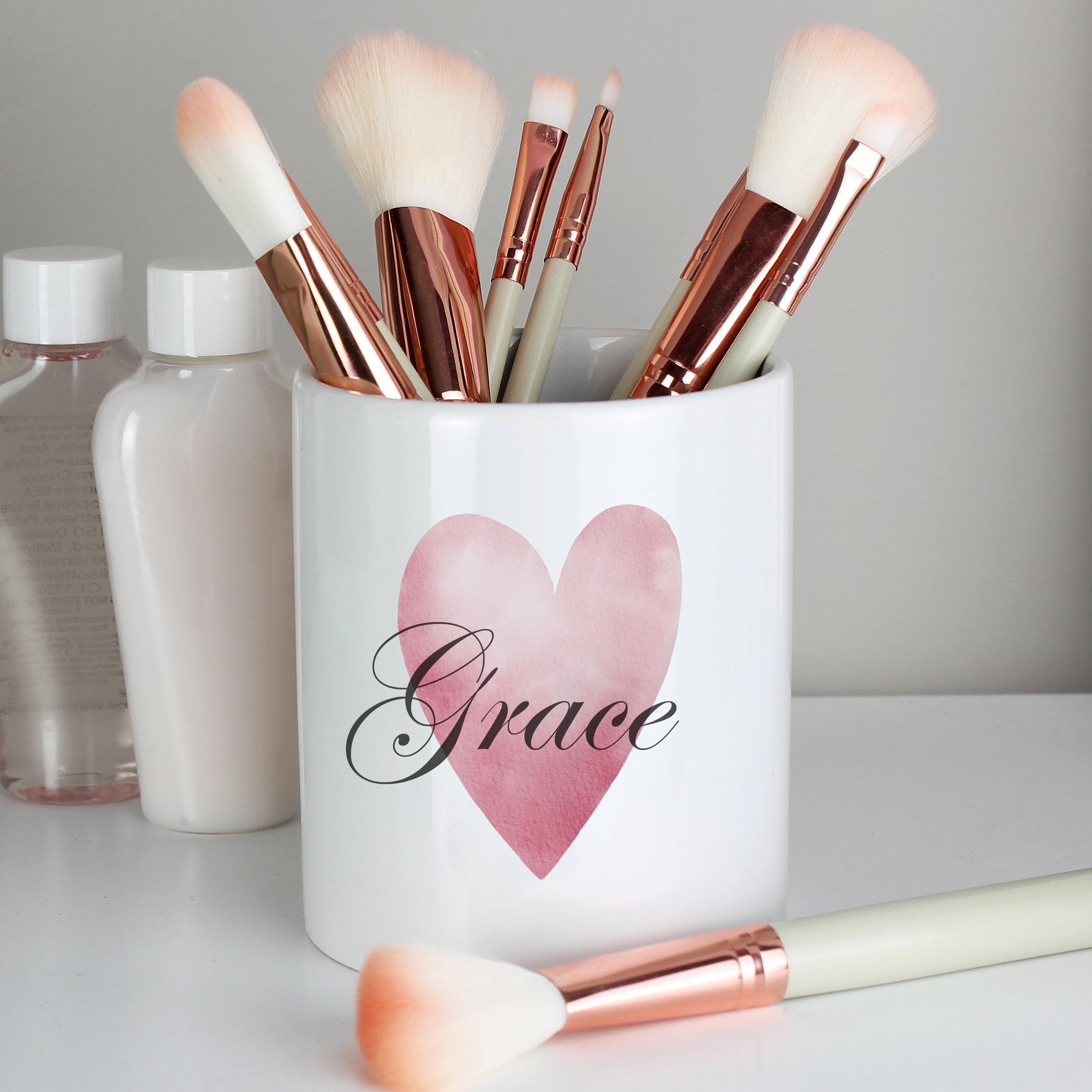 Rosa Herz Personalisierter Name Make Up Pot, Mädchen Make-up Pinsel Halter, Kunsttopf Schminktisch Zubehör Organizer