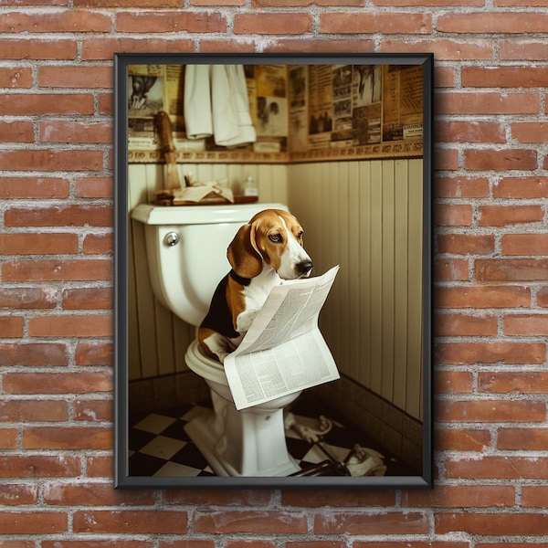 Beagle on toilet reading the newspaper bathroom  funny A4 art print
