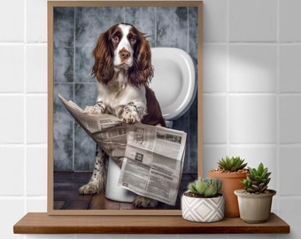 Springer spaniel on toilet reading the newspaper bathroom  funny A4 art print