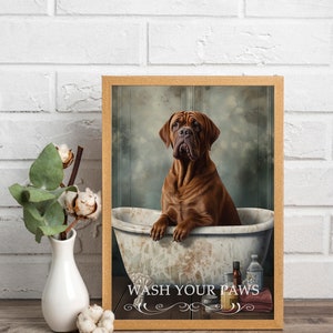 Dogue de Bordeaux in bagno - pubblicità di sapone vintage - divertente arte murale per il bagno