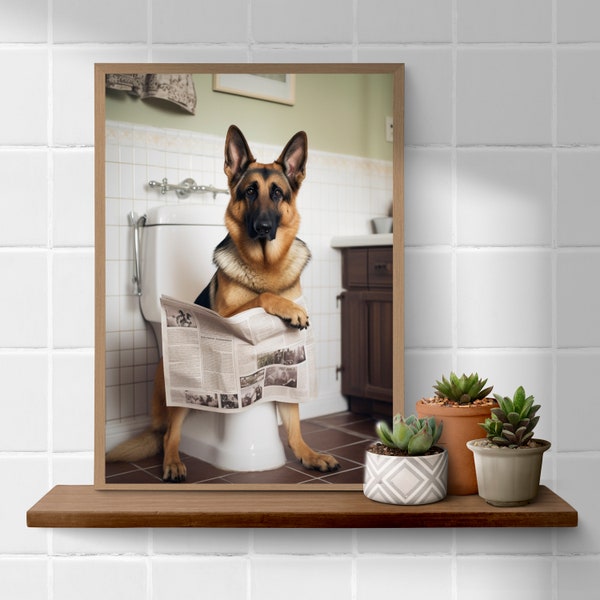 German shepherd  on toilet reading the newspaper bathroom  funny A4 art print