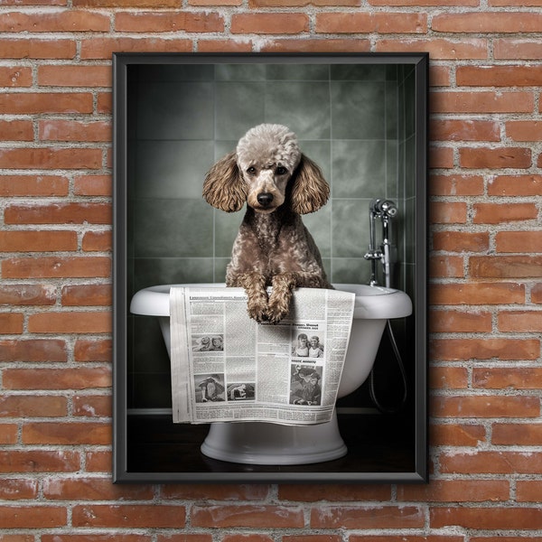 Poodle on toilet reading the newspaper bathroom  funny A4 art print
