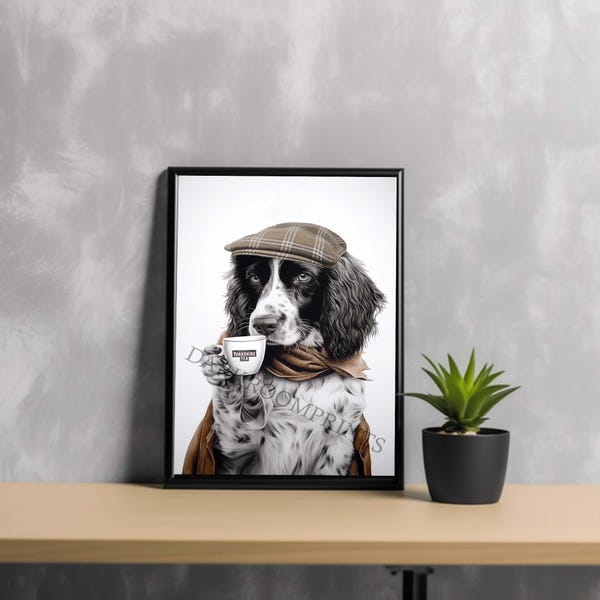 Springer Spaniel Tea Print: Funny Animal Portrait Art