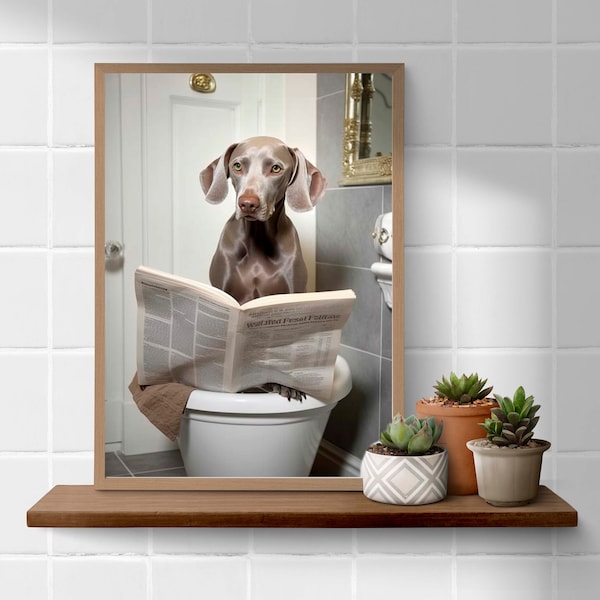 Weimaraner  on toilet reading the newspaper bathroom  funny A4 art print