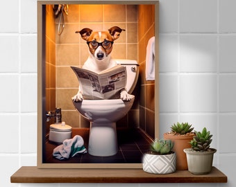 Jack Russell on toilet reading the newspaper bathroom  funny A4 art print