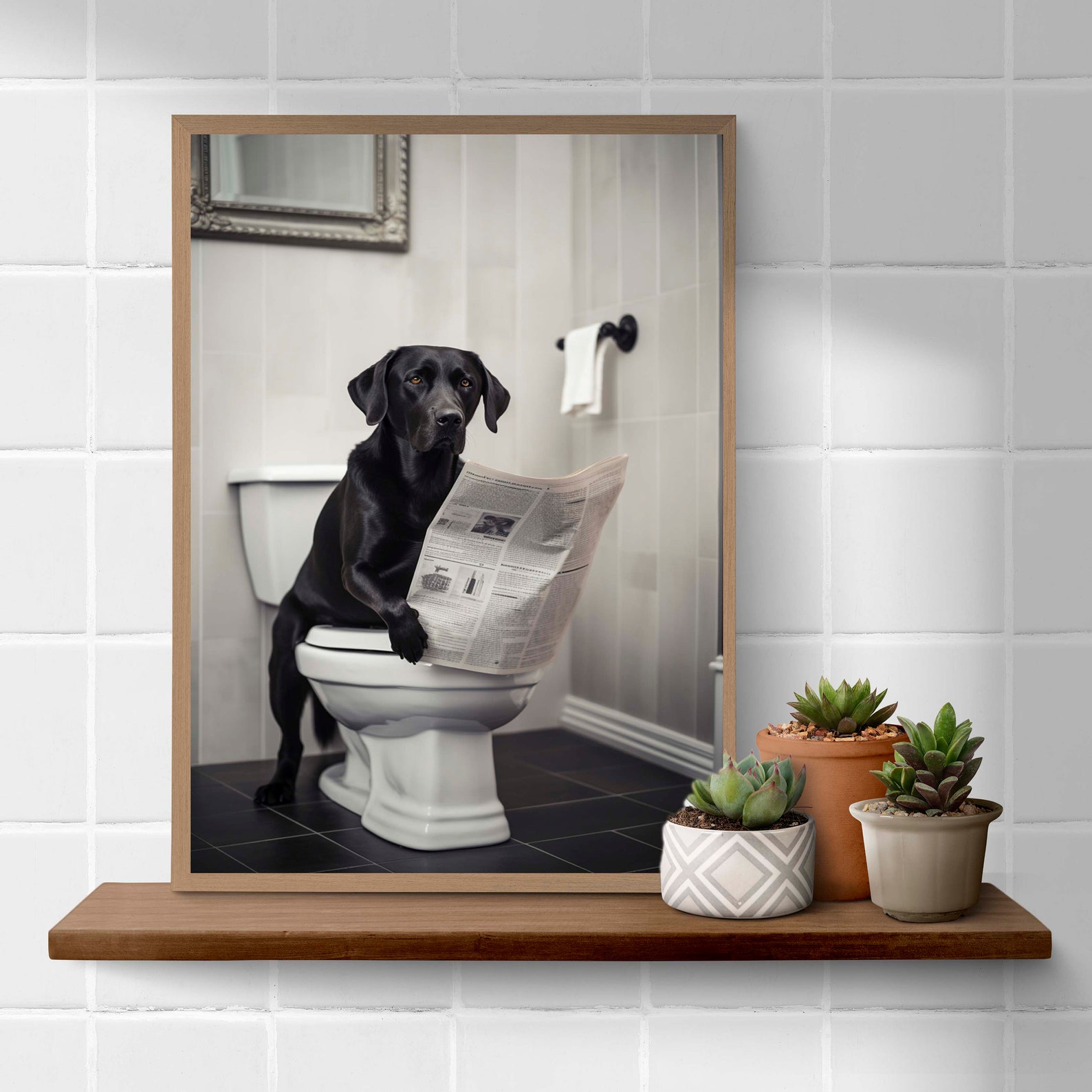Black Labrador on Toilet Reading the Newspaper Bathroom Funny A4 Art ...