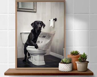 Black Labrador  on toilet reading the newspaper bathroom  funny A4 art print