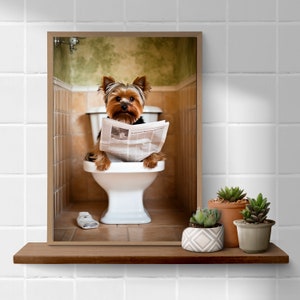 Yorkshire terrier on toilet reading the newspaper -  bathroom funny A4 art print