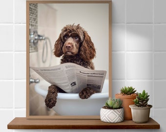 Cockapoo on toilet reading the newspaper bathroom  funny A4 art print